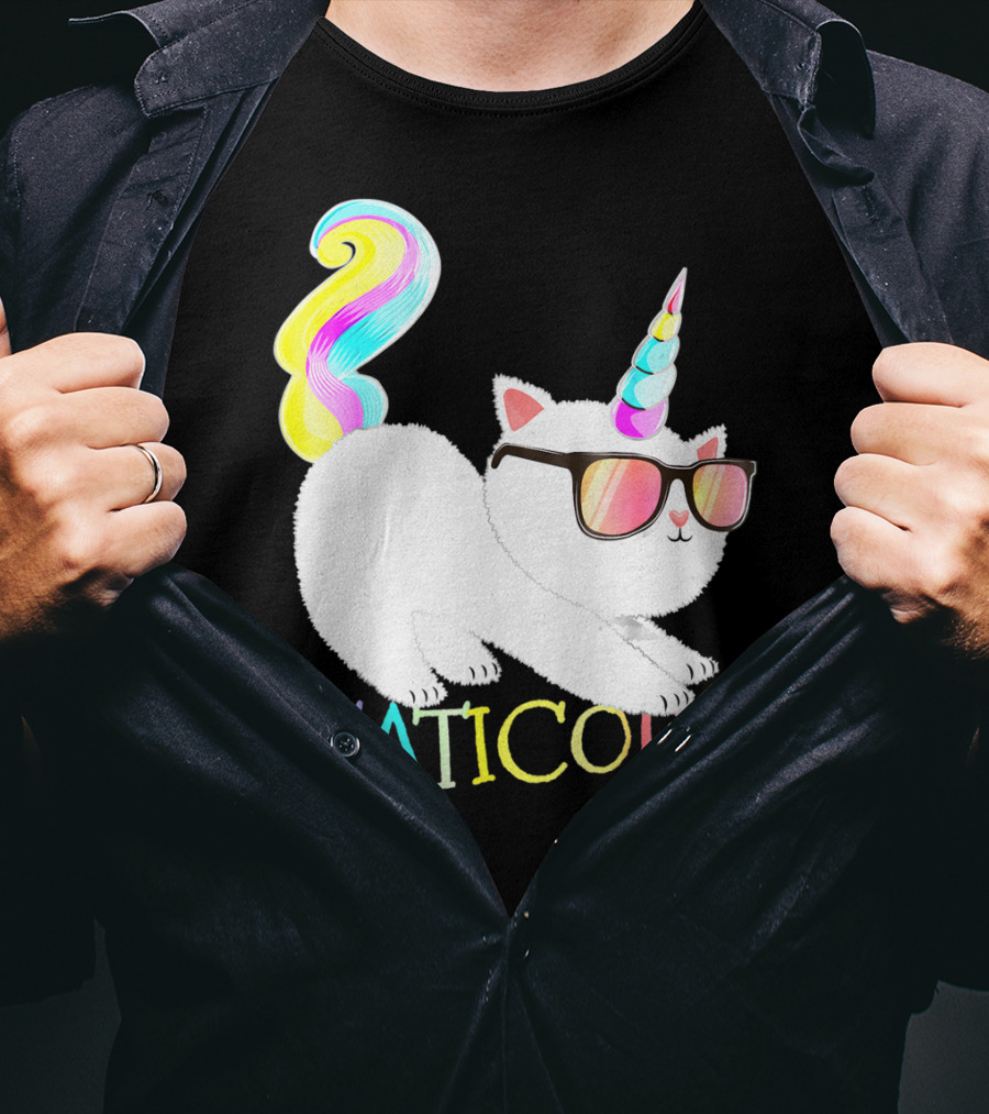 Caticorn Rainbow Unicorn Cat Girls Sunglasses Colorful Mane T-Shirt