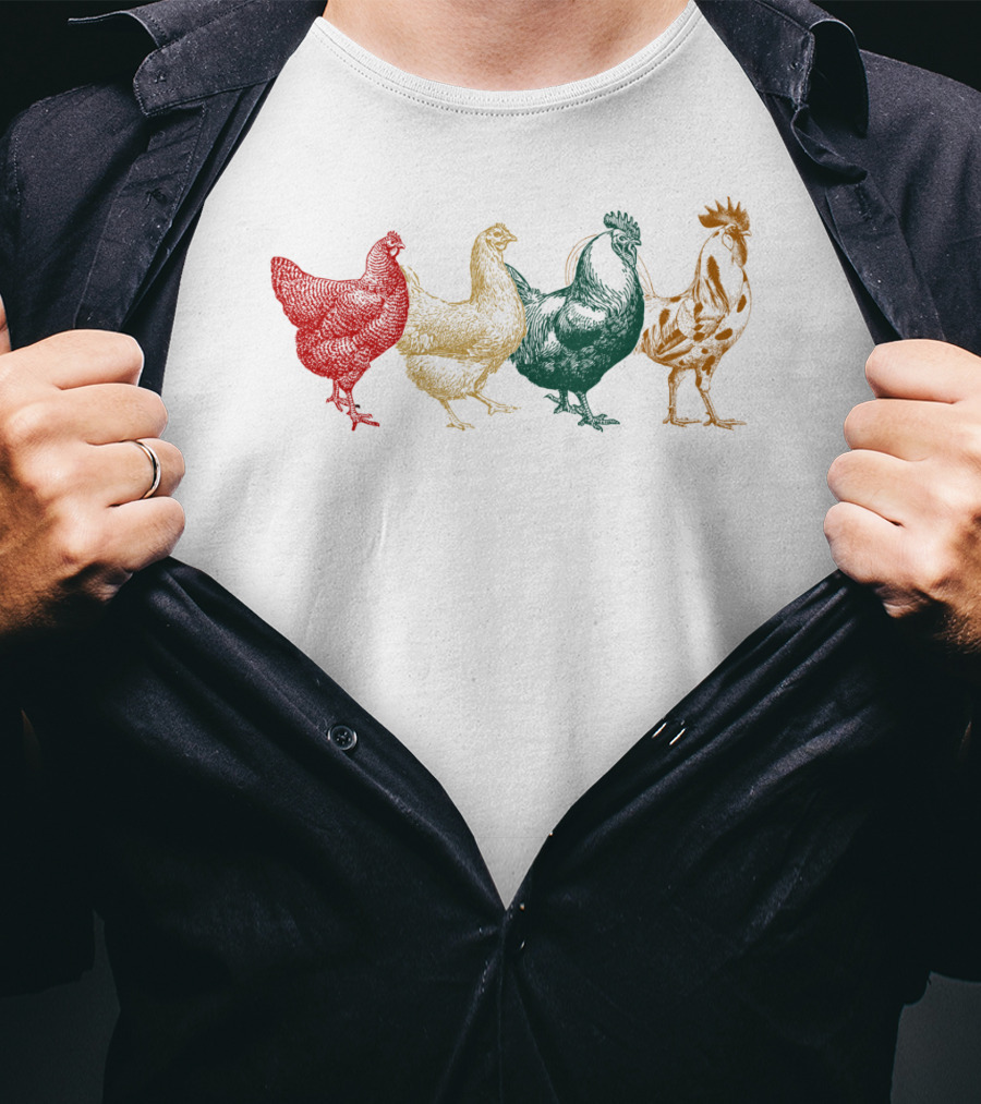 Vintage Colorful Chickens Farm Poultry Farmer T-Shirt