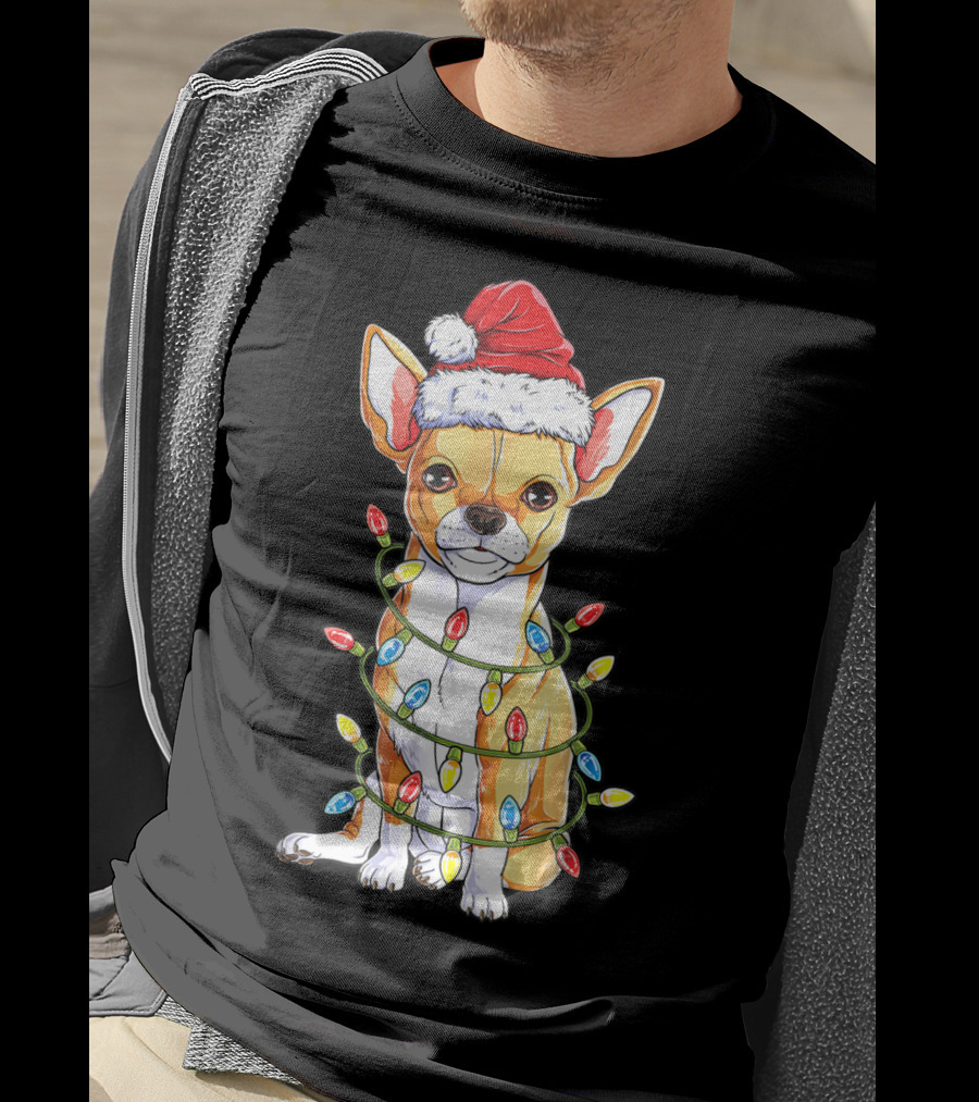 Chihuahua Christmas Santa Hat Holiday Lights Dog T-Shirt