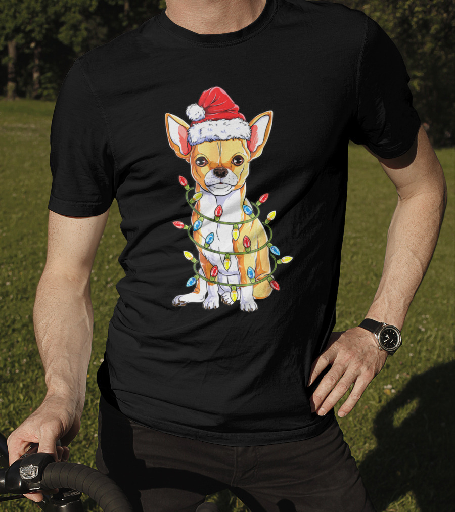 Chihuahua Christmas Santa Hat Holiday Lights Dog T-Shirt