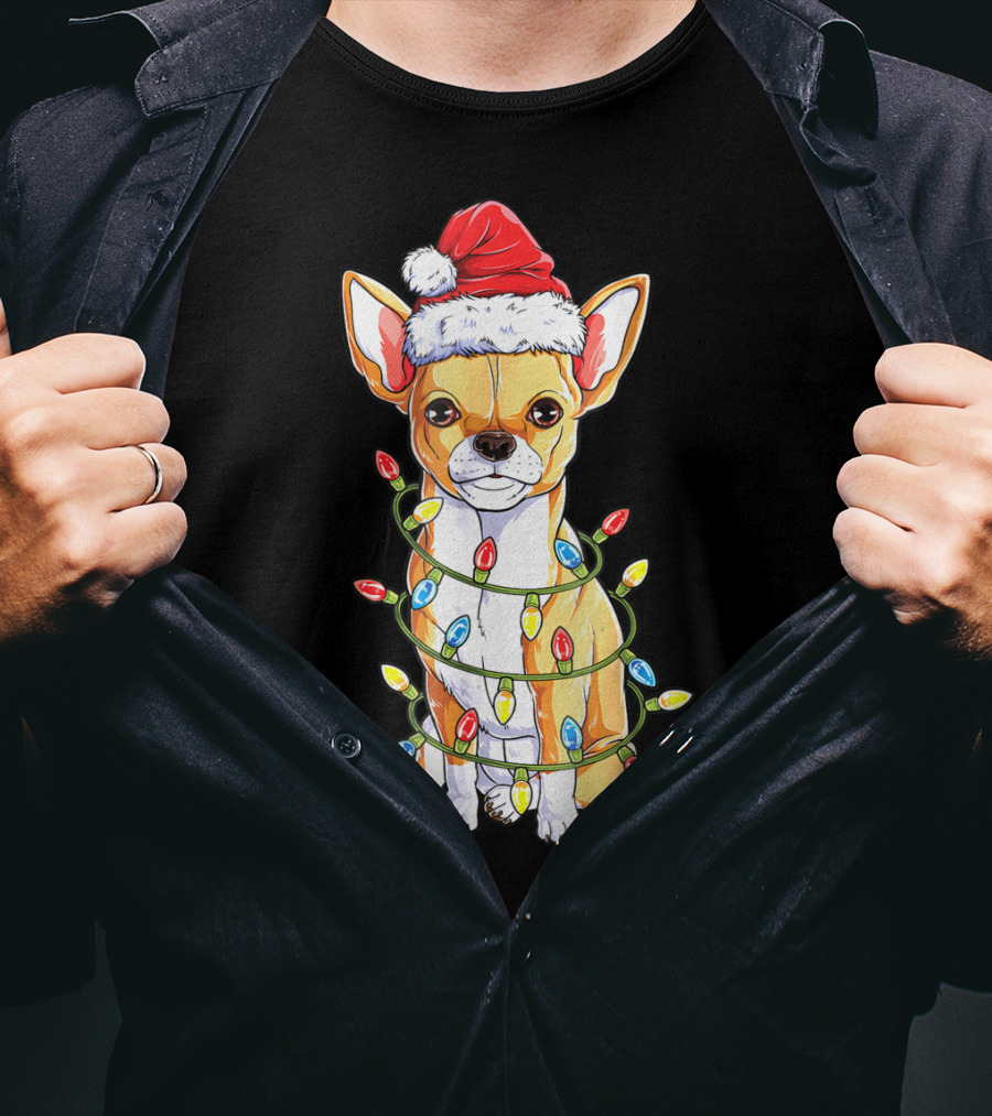 Chihuahua Christmas Santa Hat Holiday Lights Dog T-Shirt
