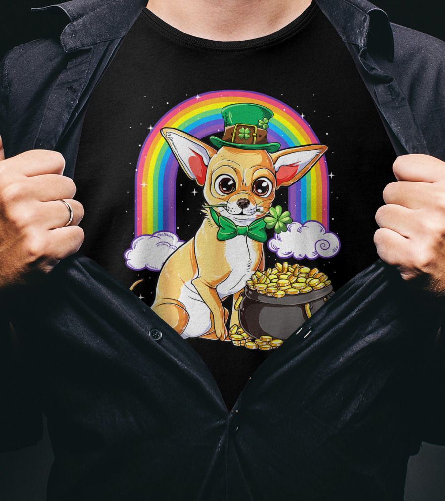 Chihuahua St Patricks Day Leprechaun Rainbow Pot Of Gold T-Shirt