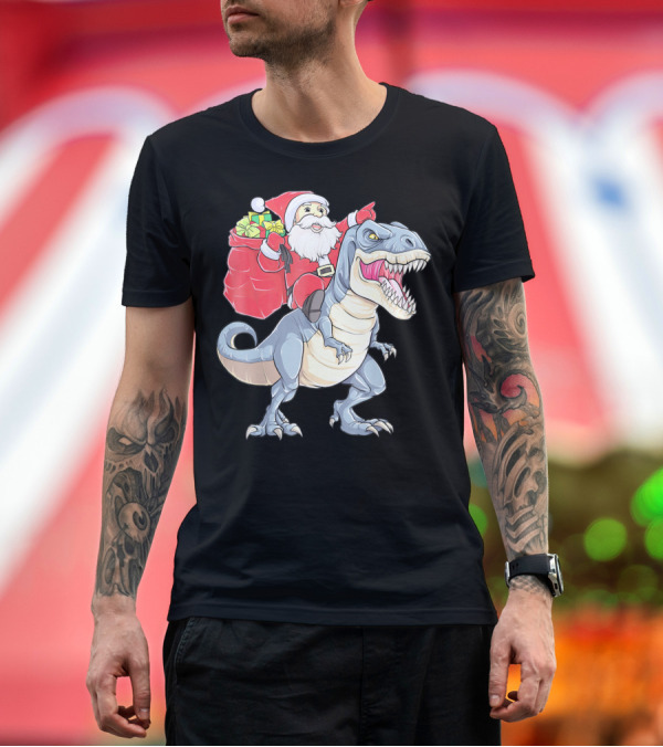 Premium T-Shirt: Christmas Santa Riding Dinosaur Rex with Presents T-Shirt Christmas Santa Riding Dinosaur Rex with Presents T-Shirt