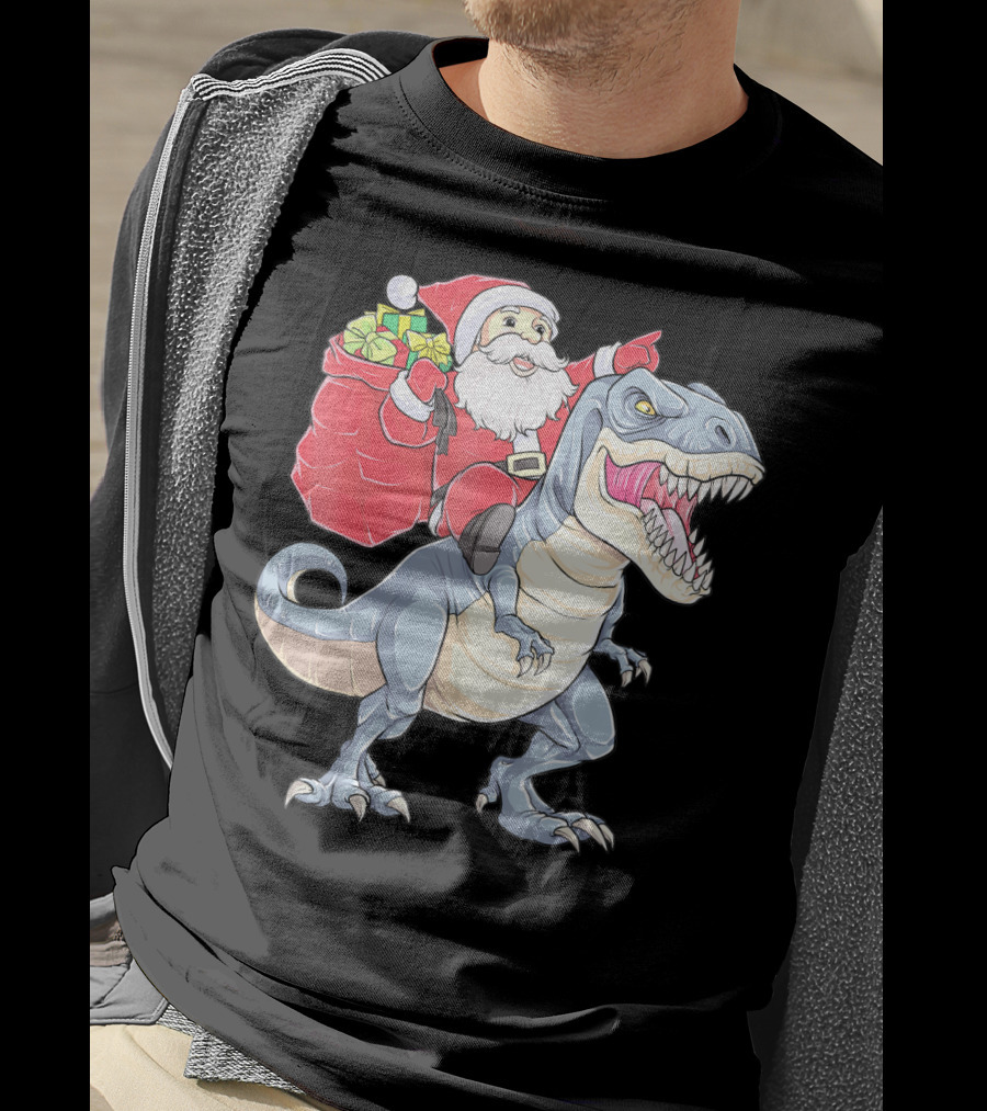 Christmas Santa Riding Dinosaur Rex With Presents T-Shirt
