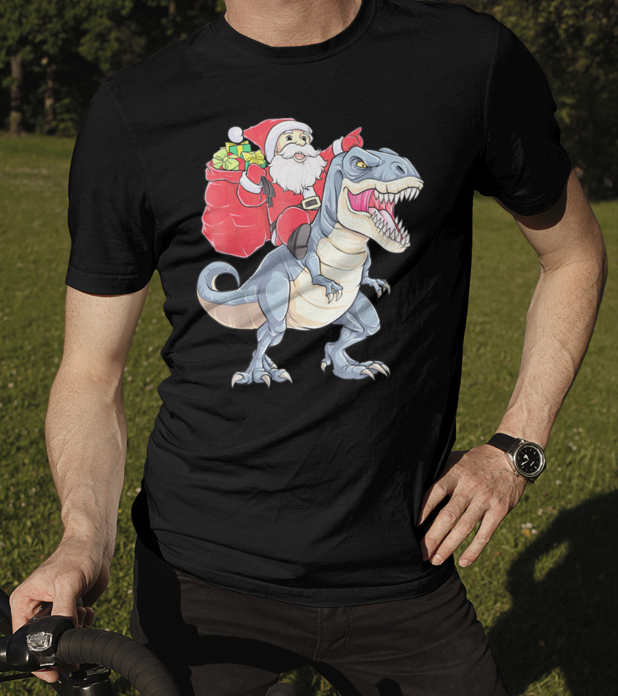Christmas Santa Riding Dinosaur Rex With Presents T-Shirt
