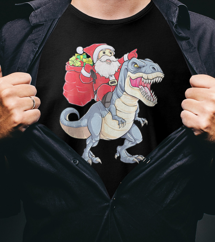 Christmas Santa Riding Dinosaur Rex With Presents T-Shirt