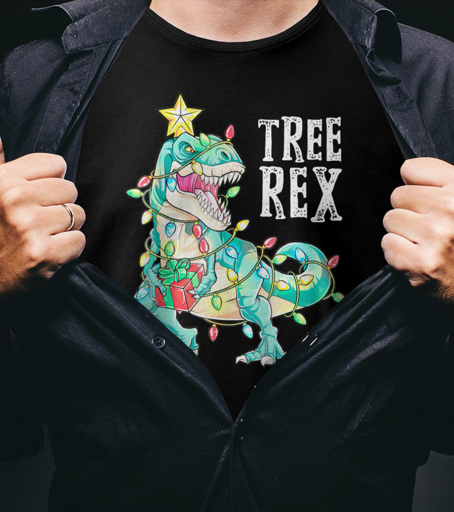 Tree Rex Christmas Kids Dinosaur Lights T-Shirt