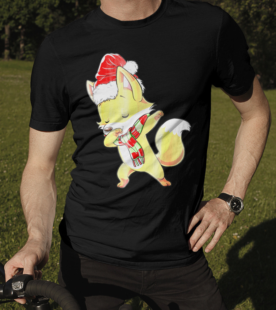 Christmas Fox Dabbing In Santa Hat And Scarf T-Shirt