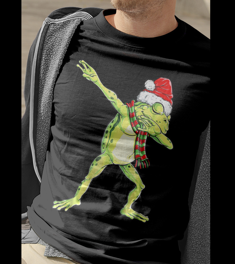 Dabbing Frog With Santa Hat And Scarf Christmas T-Shirt