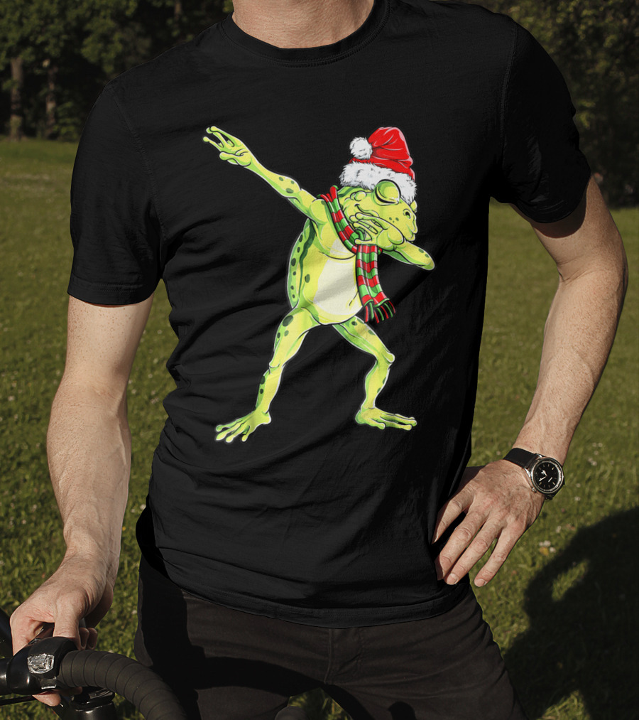 Dabbing Frog With Santa Hat And Scarf Christmas T-Shirt