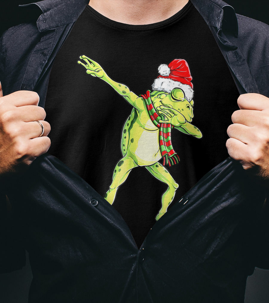 Dabbing Frog With Santa Hat And Scarf Christmas T-Shirt