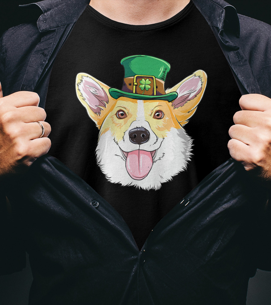 Lucky Corgi With Leprechaun Hat And Shamrock Charm T-Shirt