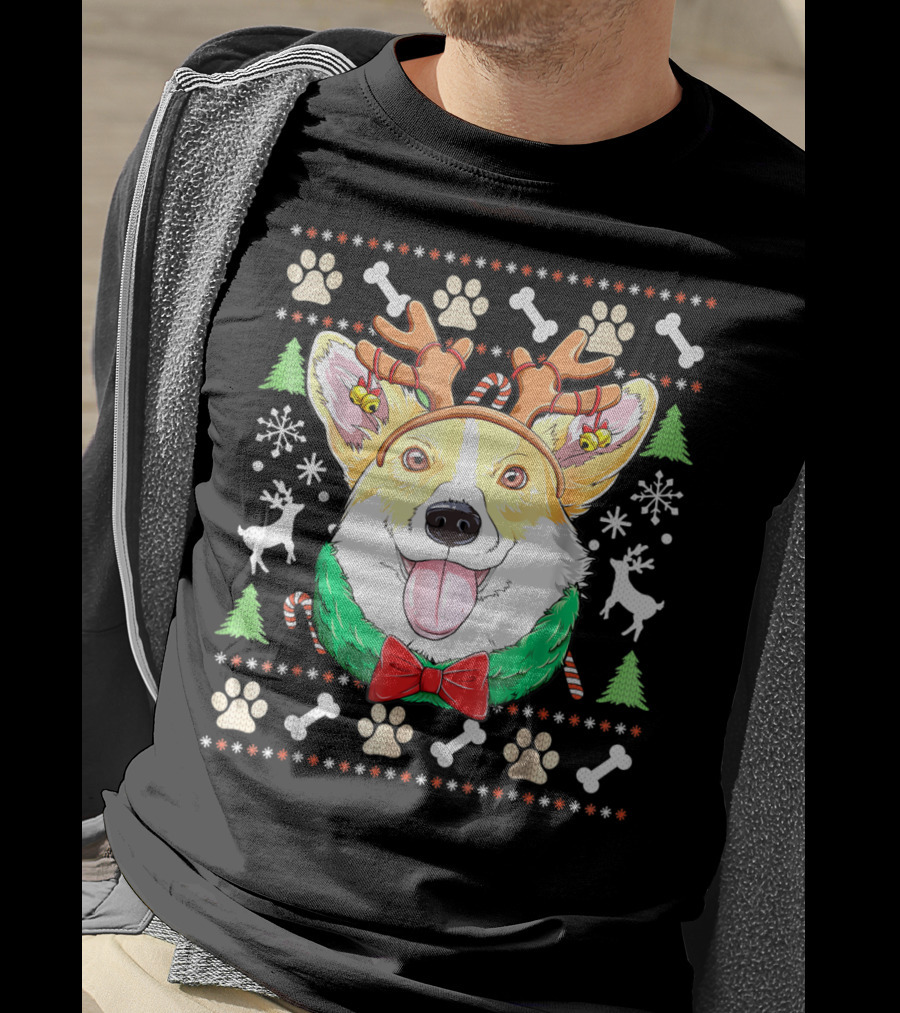 Corgi Christmas Reindeer Antlers Dog Ugly Sweater Xmas Girls T-Shirt