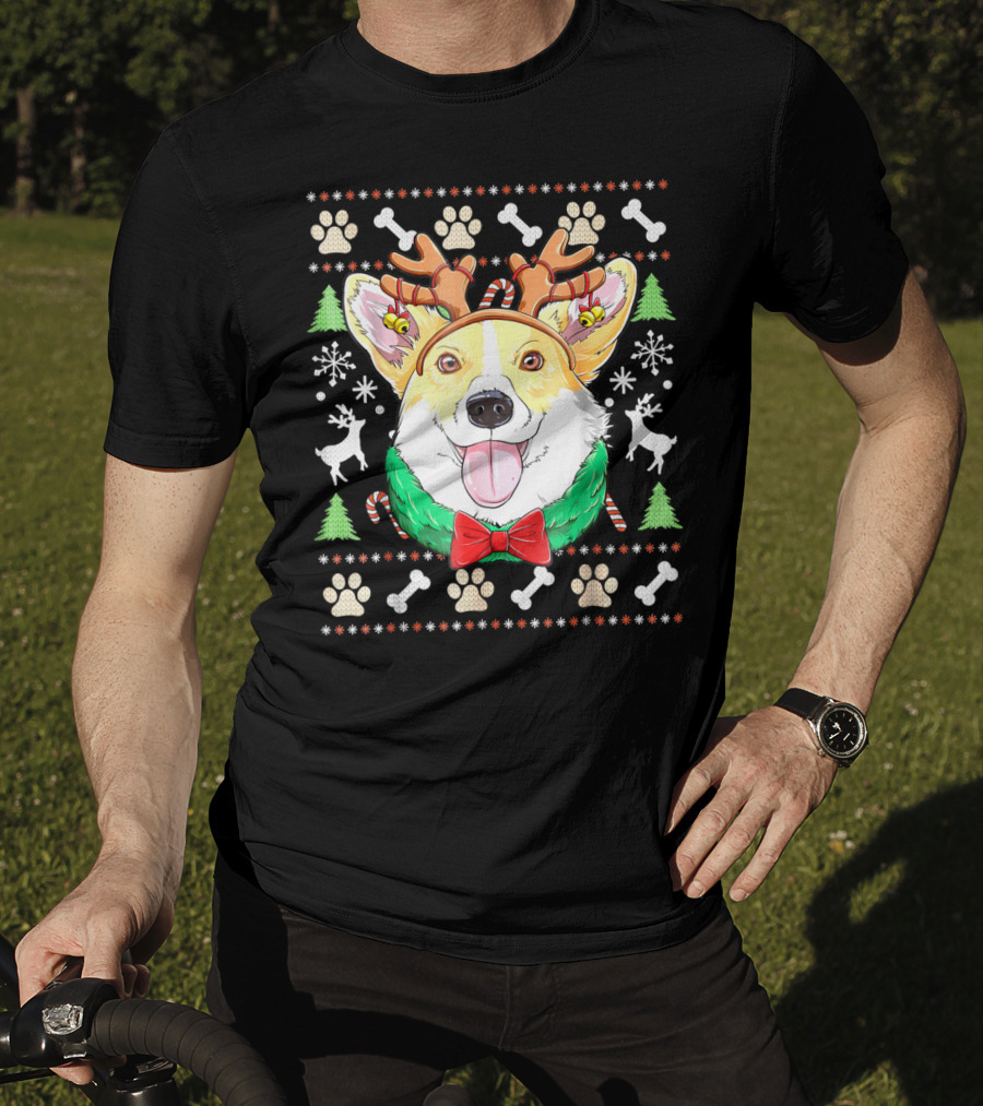 Corgi Christmas Reindeer Antlers Dog Ugly Sweater Xmas Girls T-Shirt