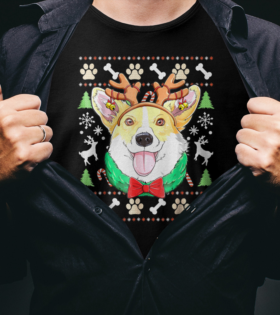Corgi Christmas Reindeer Antlers Dog Ugly Sweater Xmas Girls T-Shirt