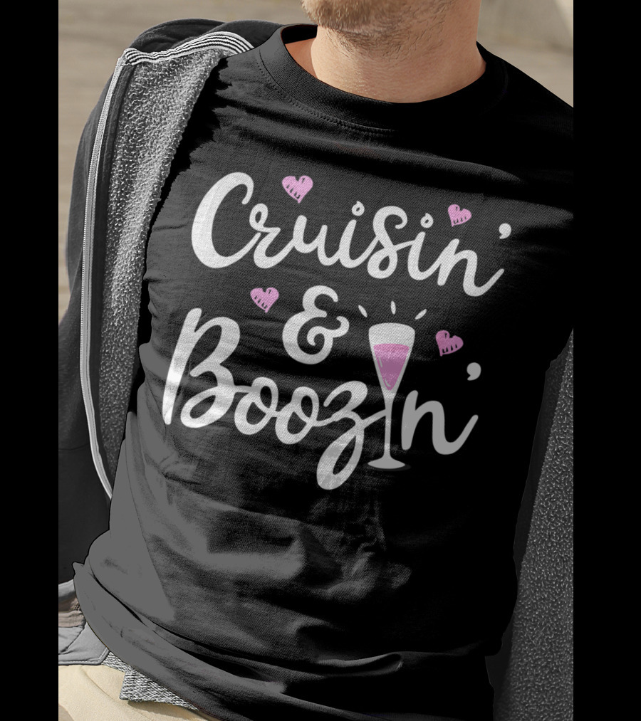 Cruisin And Boozin Funny Cruise Ship Cruising Drinking Hearts Pink Cocktail T-Shirt