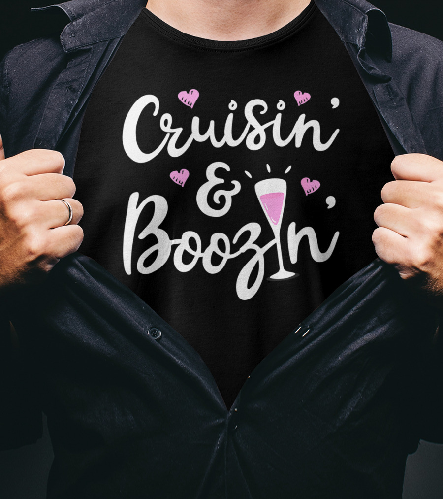 Cruisin And Boozin Funny Cruise Ship Cruising Drinking Hearts Pink Cocktail T-Shirt
