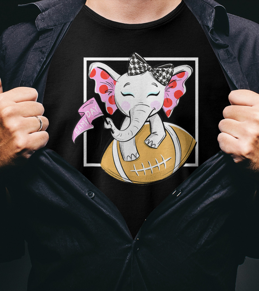 Game Day Elephant With Pink Flag And Houndstooth Bow On Football For Women And Girls Football T-Shirt