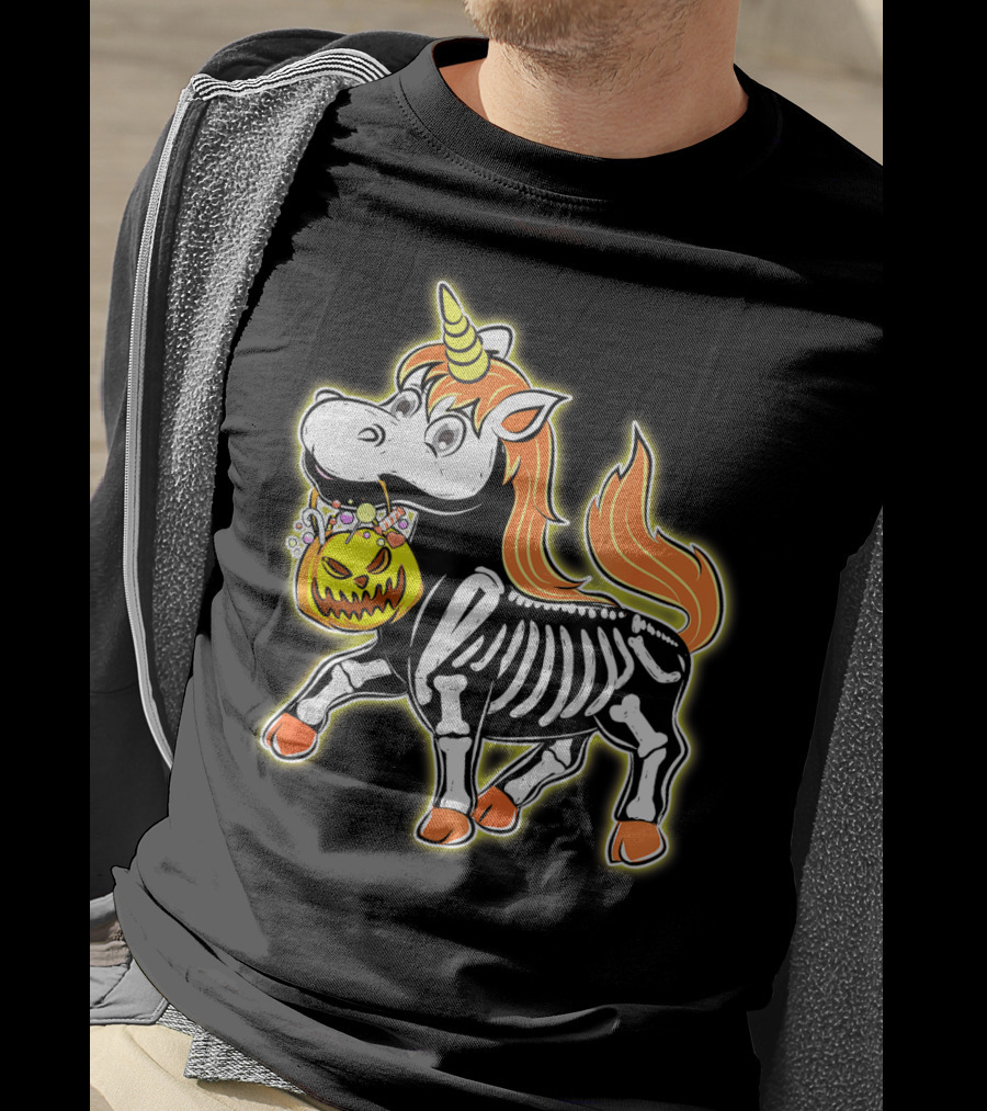 Skeleton Unicorn With Pumpkin Basket T-Shirt