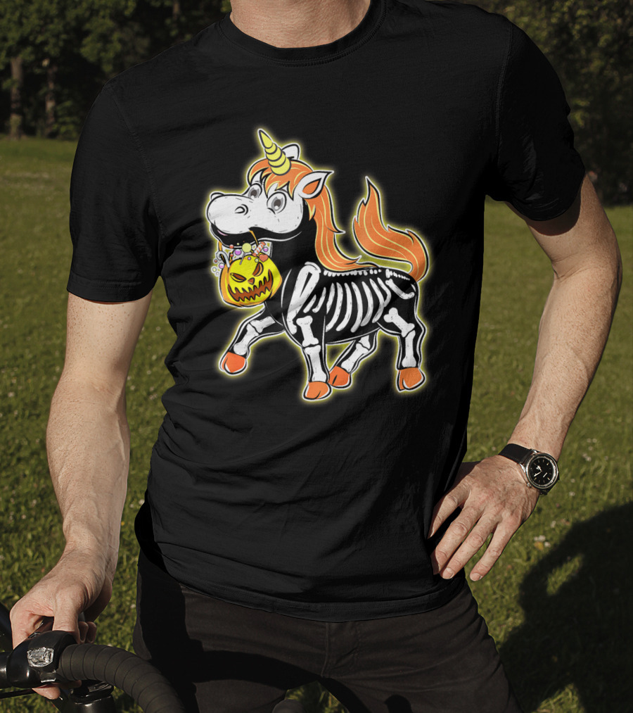 Skeleton Unicorn With Pumpkin Basket T-Shirt