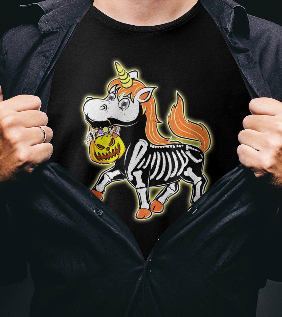 Skeleton Unicorn With Pumpkin Basket T-Shirt