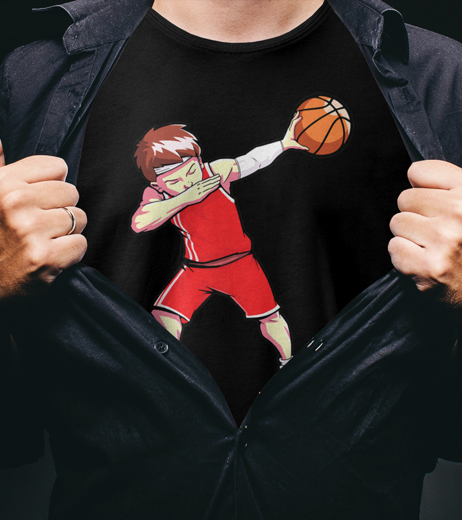 Dabbing Basketball Boy Dab Dance Player In Red Uniform Holding Ball T-Shirt