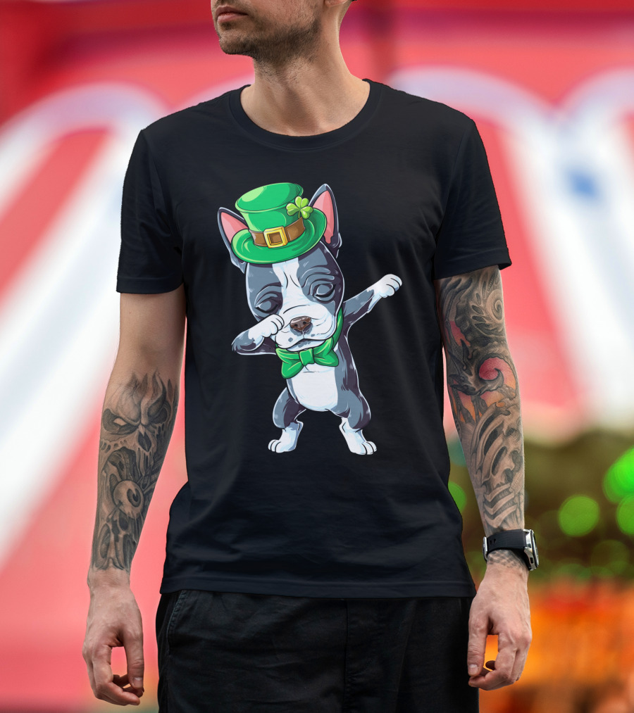 Dabbing Boston Terrier St Patricks Day Leprechaun Green Hat Bow Tie T-Shirt