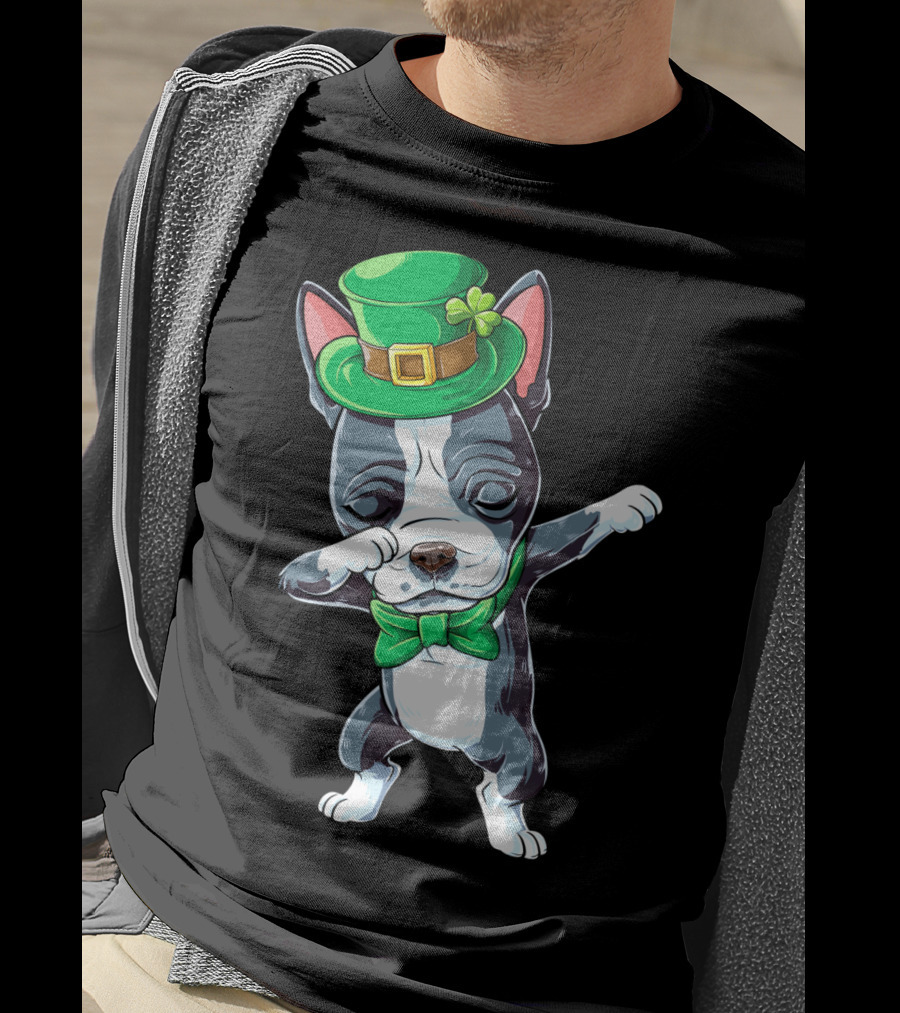 Dabbing Boston Terrier St Patricks Day Leprechaun Green Hat Bow Tie T-Shirt