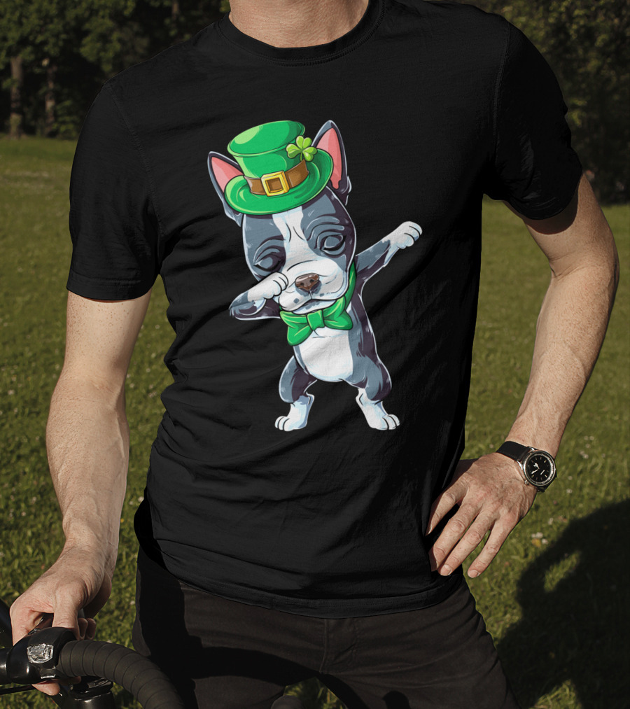 Dabbing Boston Terrier St Patricks Day Leprechaun Green Hat Bow Tie T-Shirt