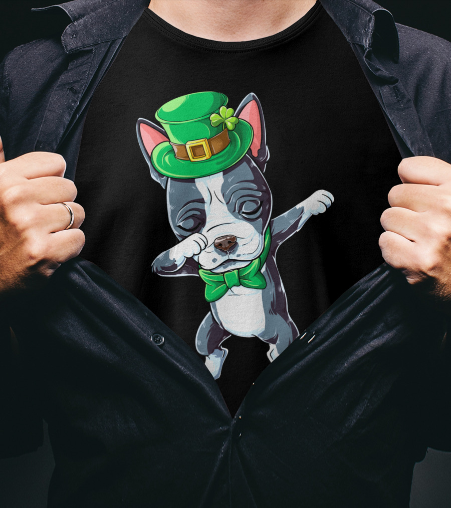 Dabbing Boston Terrier St Patricks Day Leprechaun Green Hat Bow Tie T-Shirt