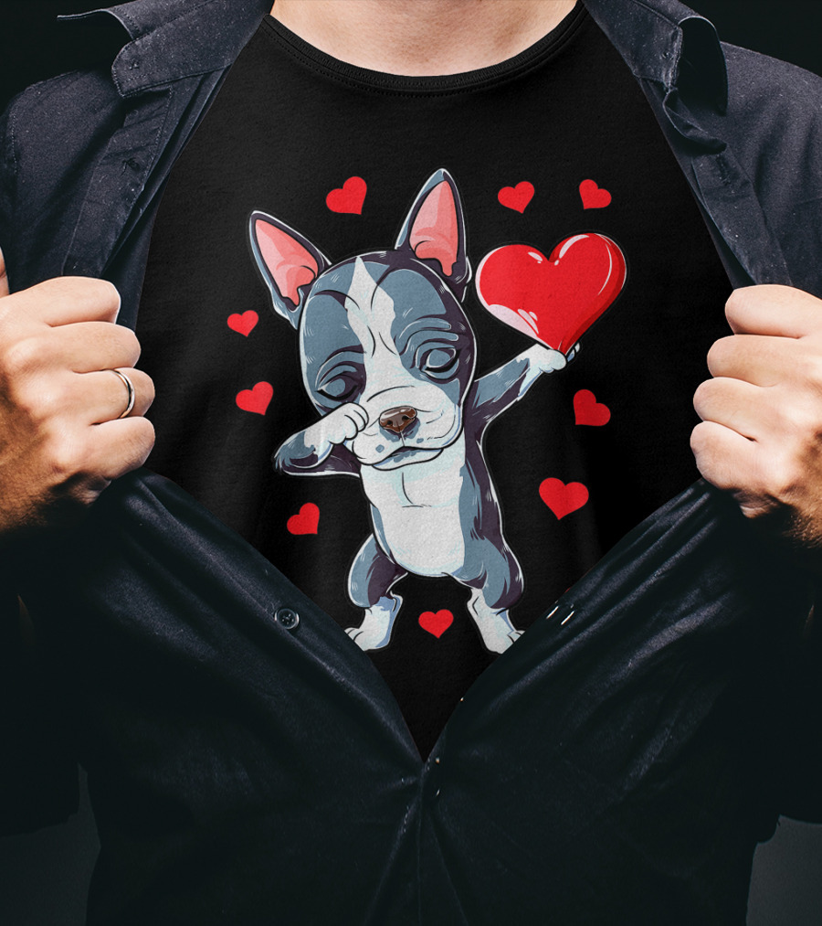 Boston Terrier Dabbing Heart Valentine's Day Dog T-Shirt