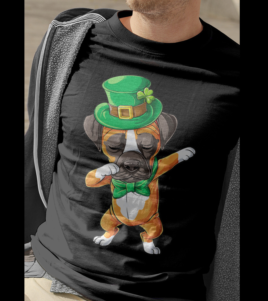 St Patricks Day Dabbing Leprechaun Boxer Dog Boys T-Shirt