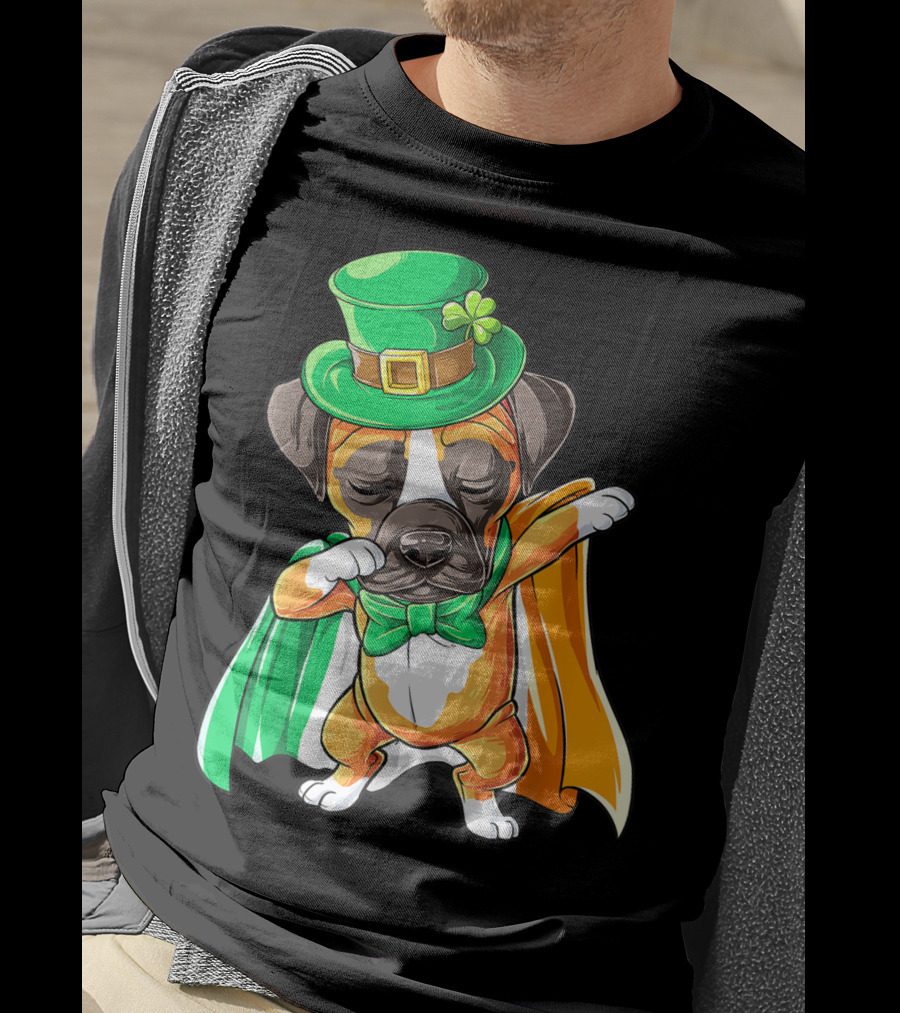 Dabbing Boxer Puppy St Patricks Day Leprechaun Costume Irish Flag T-Shirt