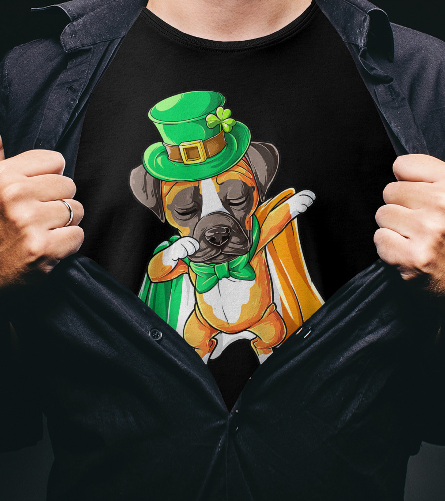 Dabbing Boxer Puppy St Patricks Day Leprechaun Costume Irish Flag T-Shirt
