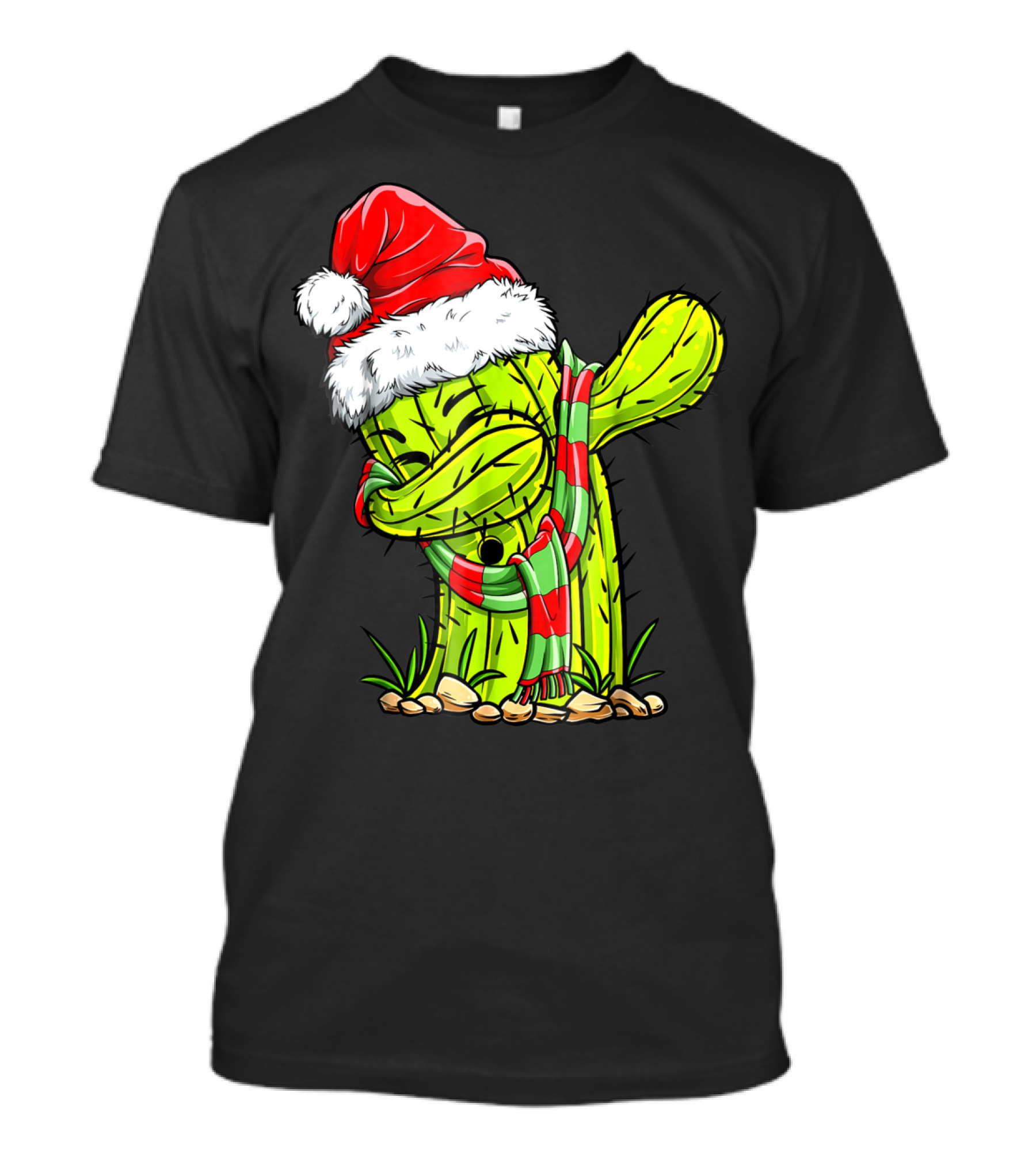 Dabbing Cactus Santa Christmas Hat And Scarf T-Shirt