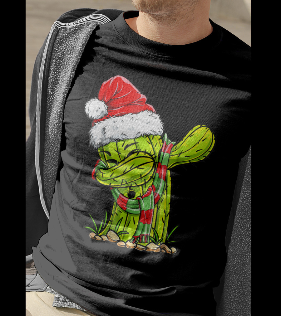 Dabbing Cactus Santa Christmas Hat And Scarf T-Shirt
