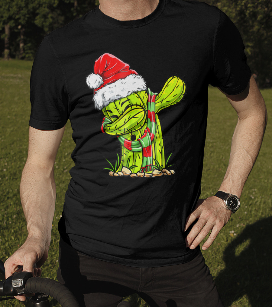 Dabbing Cactus Santa Christmas Hat And Scarf T-Shirt