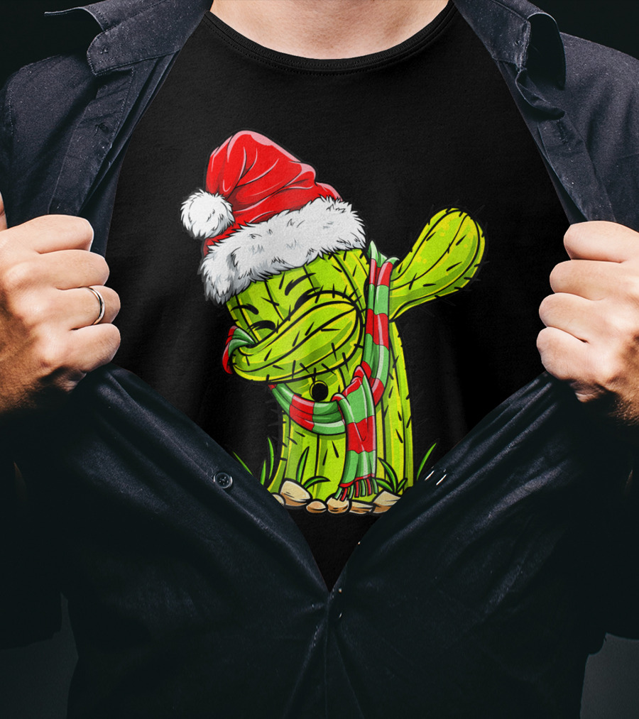 Dabbing Cactus Santa Christmas Hat And Scarf T-Shirt