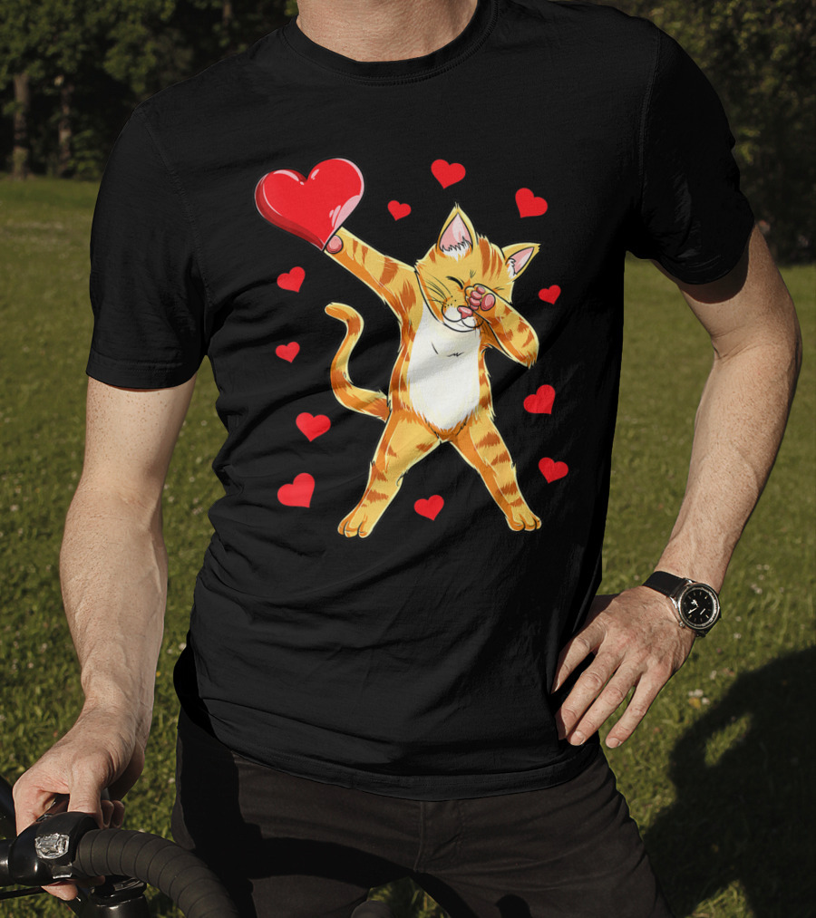 Cute Dabbing Cat With Hearts For Valentine's Day Kitten Lovers T-Shirt