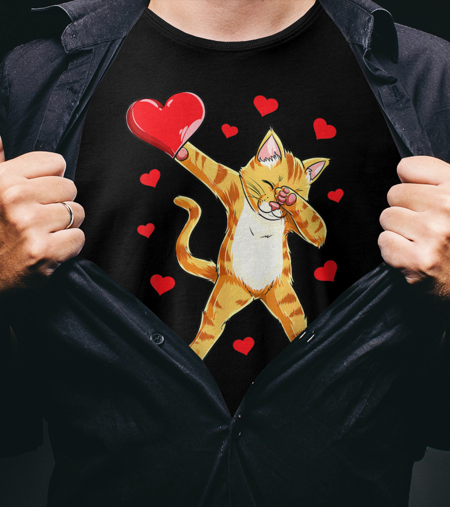 Cute Dabbing Cat With Hearts For Valentine's Day Kitten Lovers T-Shirt