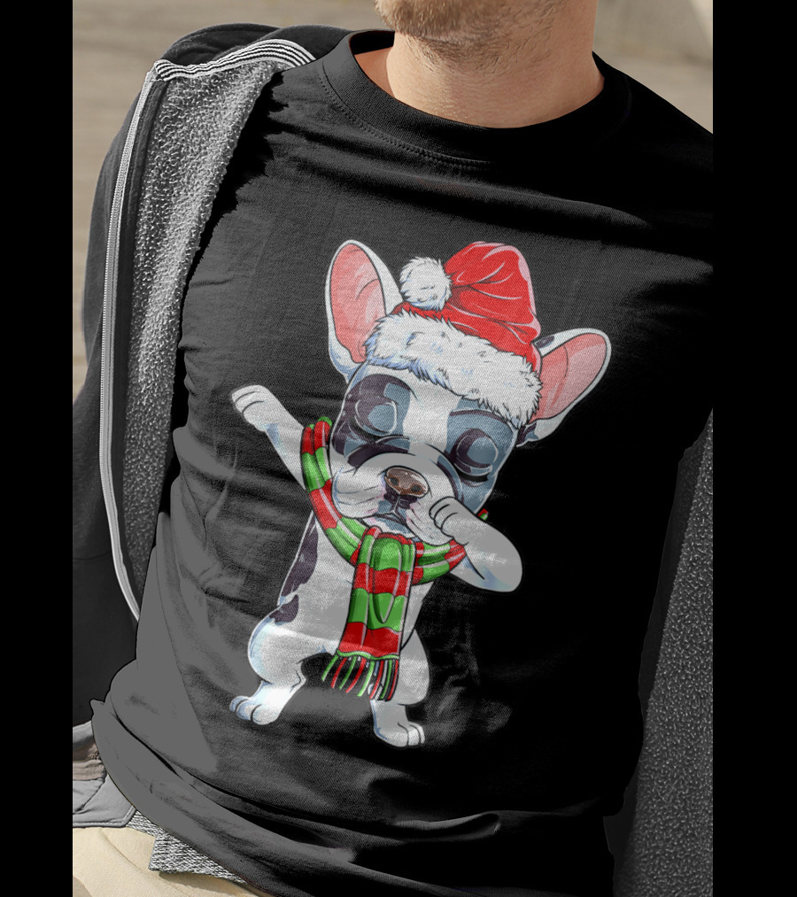 Dabbing French Bulldog Santa Christmas Scarf T-Shirt