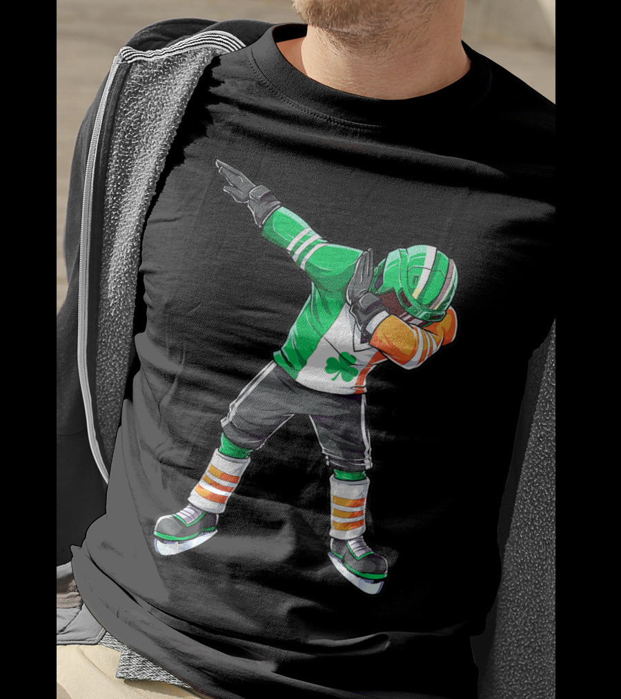 St Patricks Day Ireland Flag Dabbing Hockey Player Irish Shamrock T-Shirt