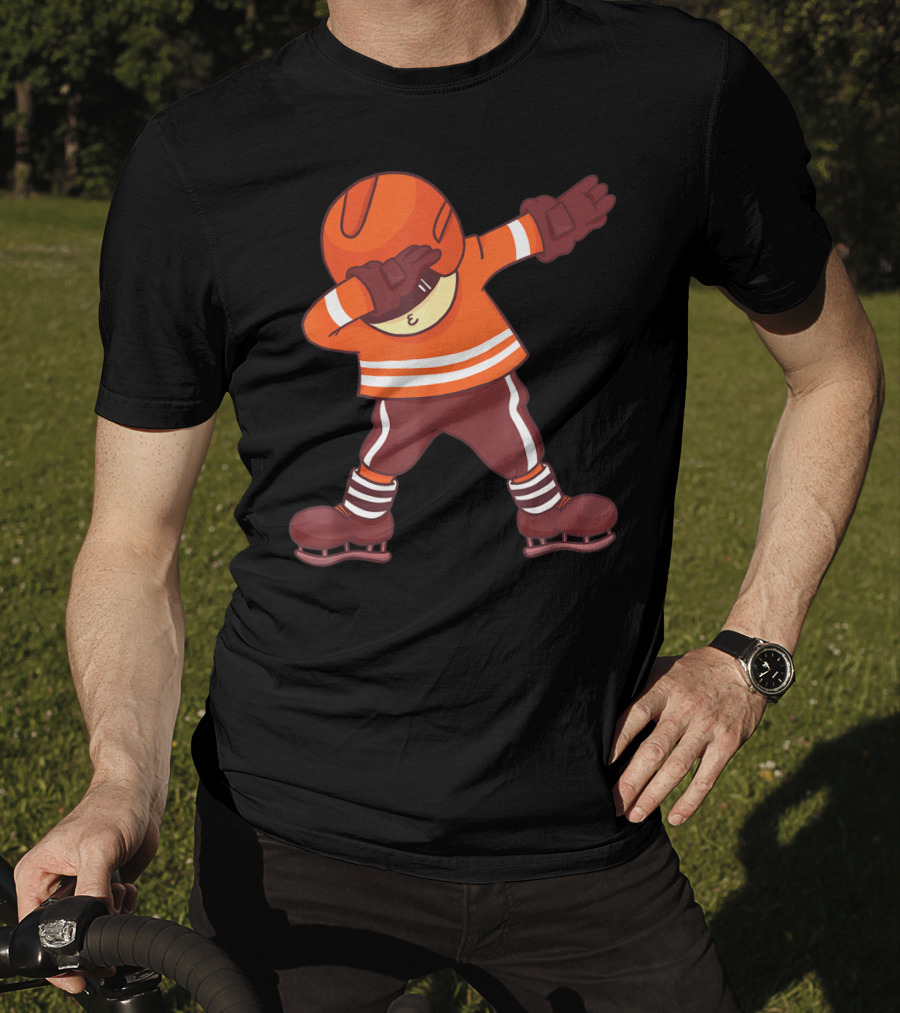 Dabbing Ice Hockey Player In Orange Gear With Striped Legs T-Shirt