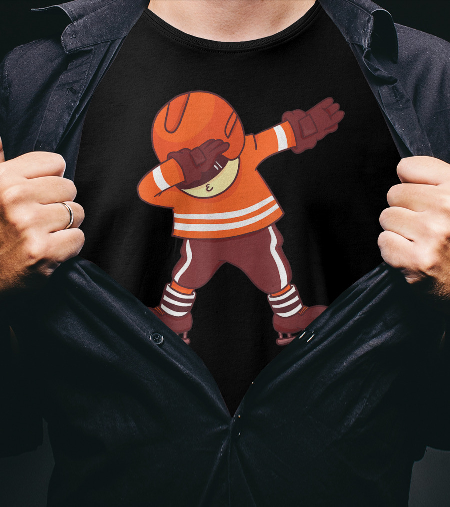 Dabbing Ice Hockey Player In Orange Gear With Striped Legs T-Shirt