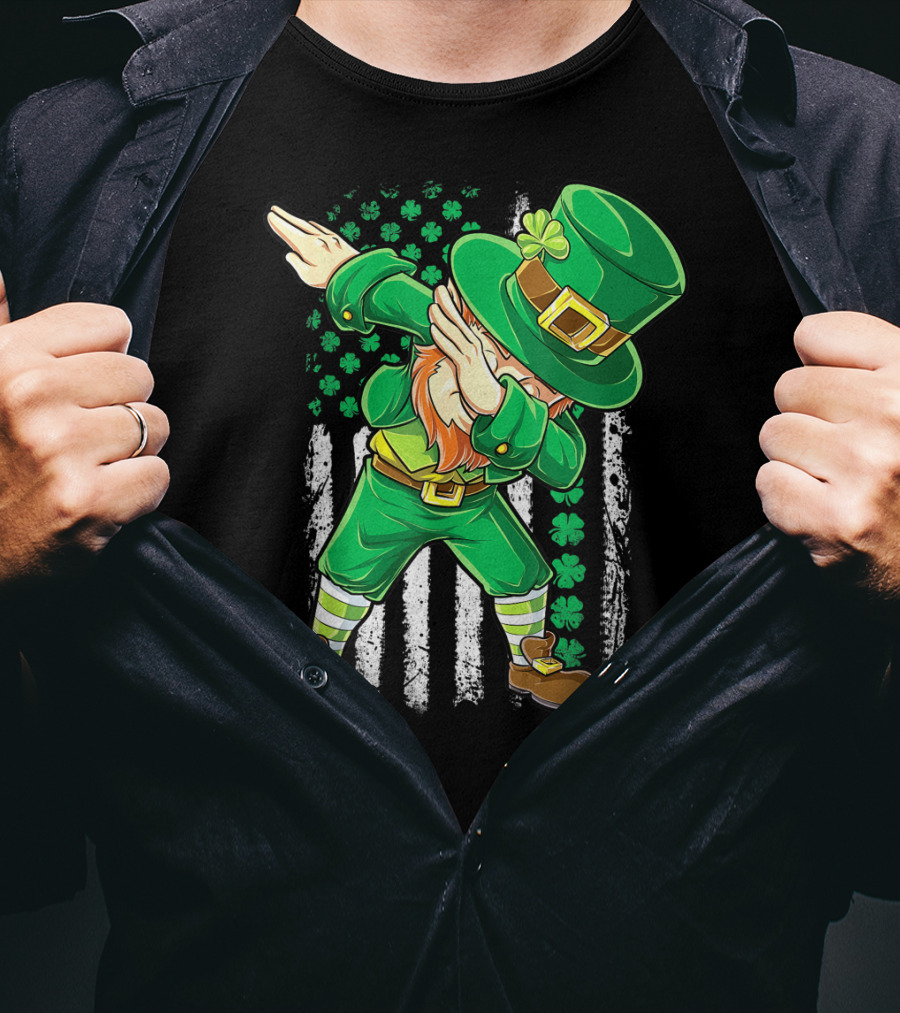 Dabbing Leprechaun With Irish American Flag Background And Shamrocks T-Shirt