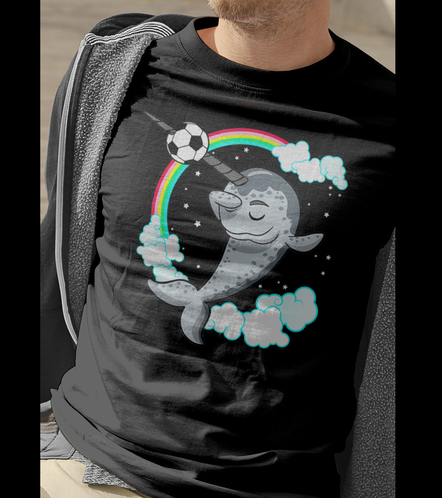 Dabbing Narwhal Soccer Rainbow Clouds Stars T-Shirt