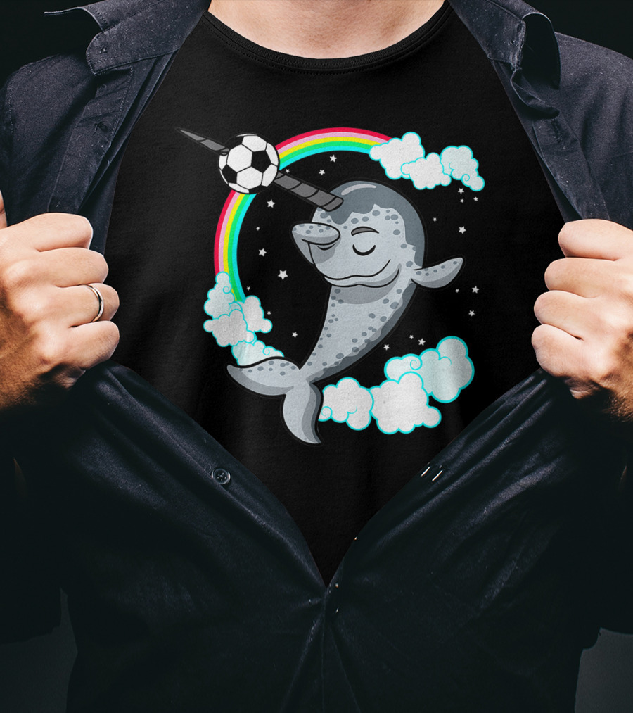 Dabbing Narwhal Soccer Rainbow Clouds Stars T-Shirt