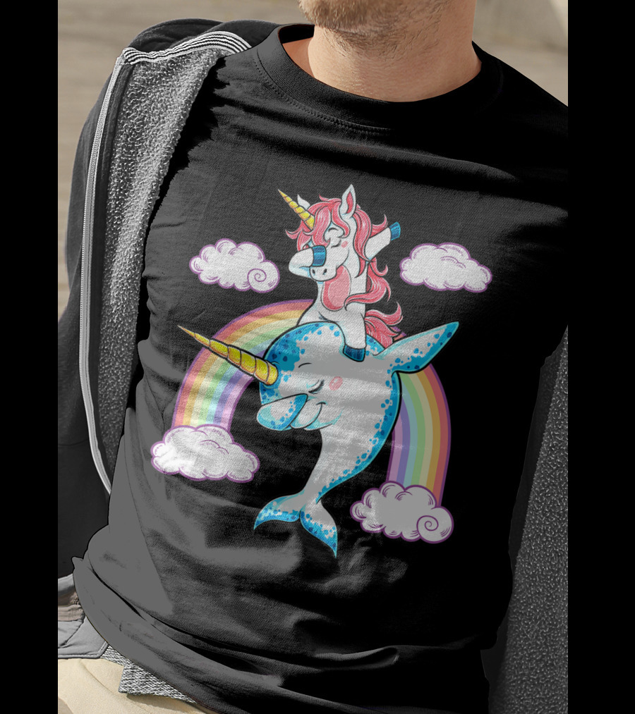 Dabbing Narwhal Unicorn Kids Rainbow Clouds Dab Squad T-Shirt