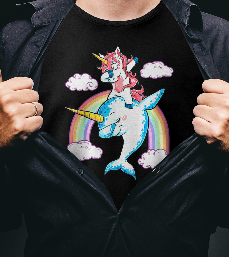 Dabbing Narwhal Unicorn Kids Rainbow Clouds Dab Squad T-Shirt