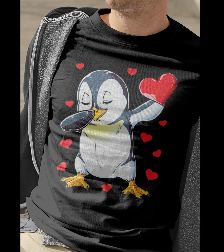 Dabbing Penguin Holding Heart Surrounded By Valentine Hearts T-Shirt